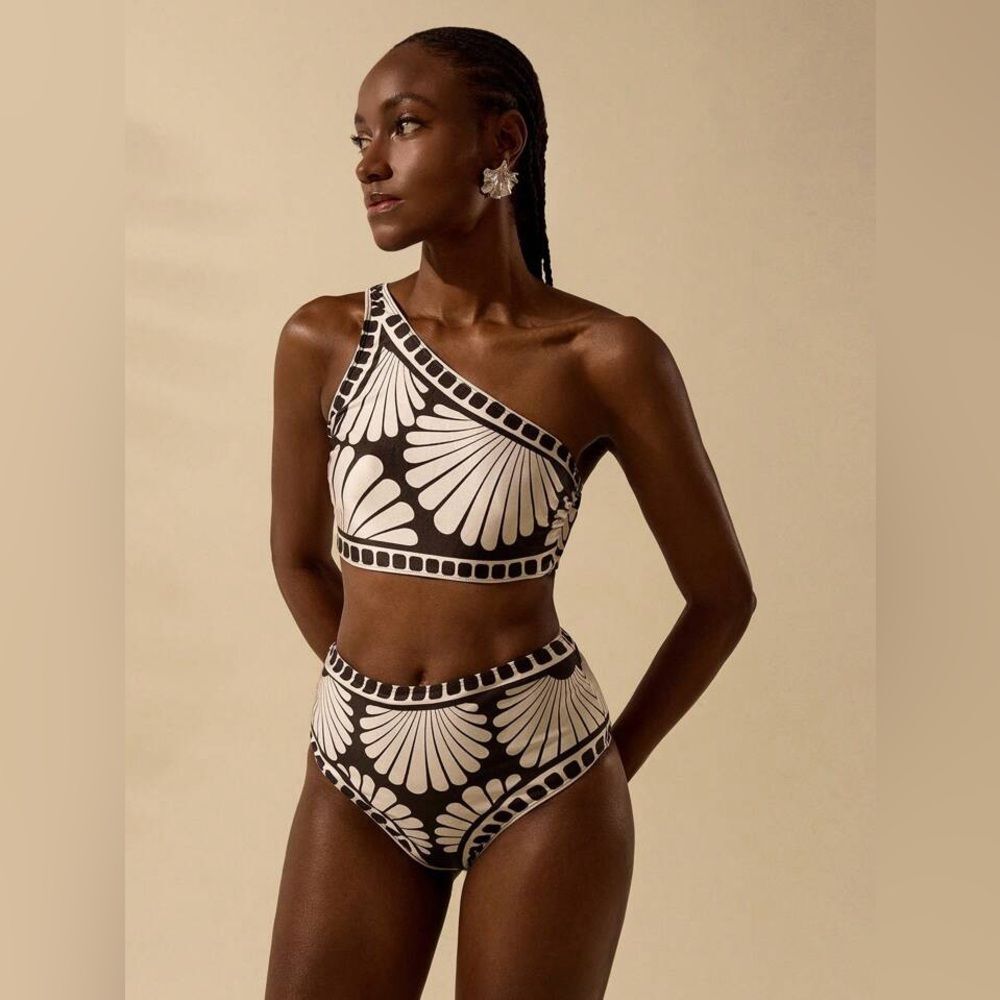 NWOT SHEIN Women's Boho Black & Apricot Shell Print Beach Swimwear 2 Pieces Set